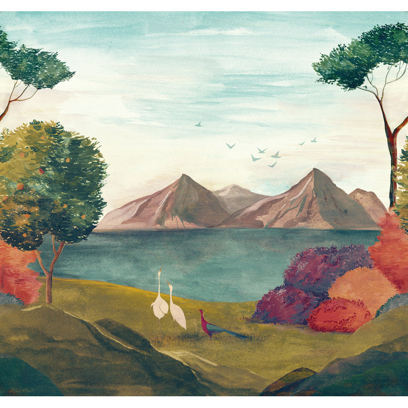 Papier peint multicolore à imprimé paysage oriental