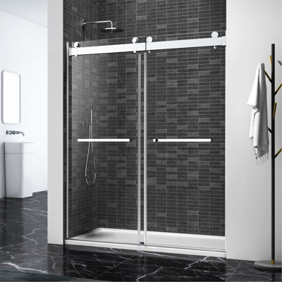 68-72 X 76 Inch Double Sliding Frameless Shower Door In Brushed Nickel With Soft-Closing And 3/8 Inch Clear Glass