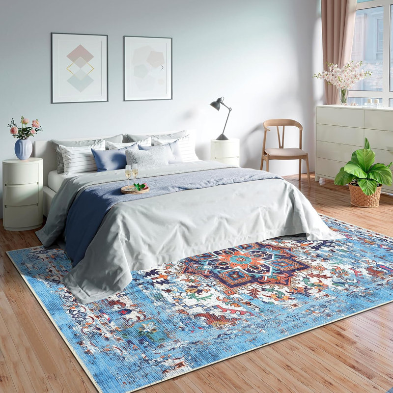 GLN Traditional Collection - Machine Washable Area Rug, Non Slip, Low Pile Chenille Living Room, Bedroom, Kitchen Rug (Blue)