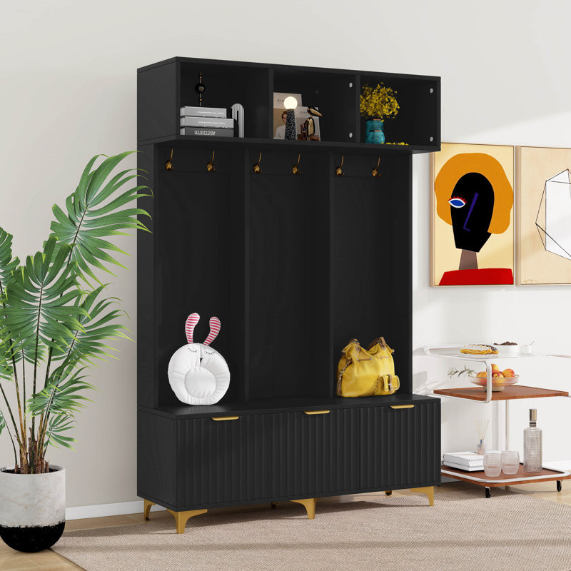 Hall Tree With Bench And Shoe Storage, Entryway Cabinet With High Gloss Fluted Doors And Open Shelves, Coat Rack With 6 Gold Hooks And Legs
