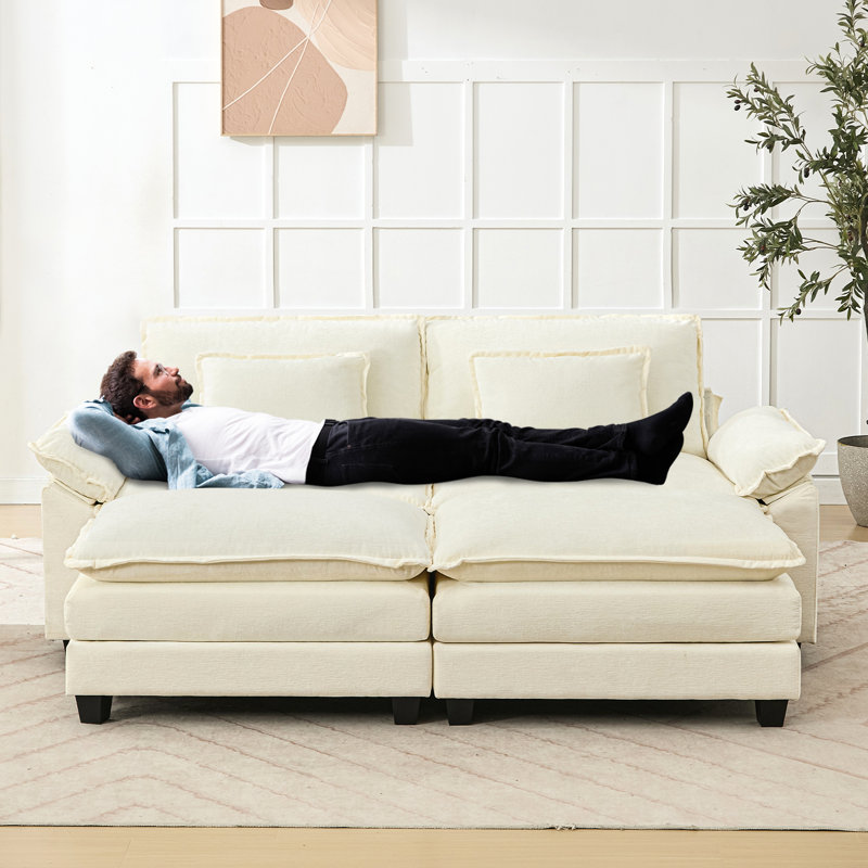 86'' Wide Comfy Cloud Couch Sectional Loveseat Sofa With 2 Ottoman, White Chenille