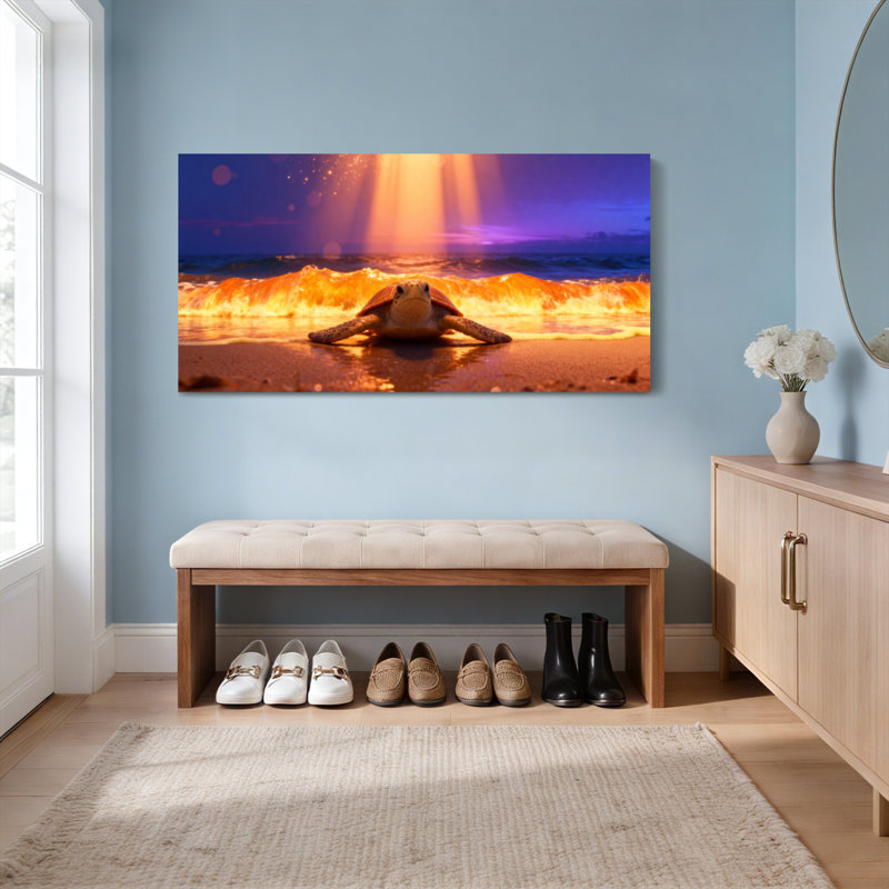 Ensemble de 1 tableau sur toile tendue représentant une tortue marine au coucher du soleil sur la plage, H 28 po x l 58 po