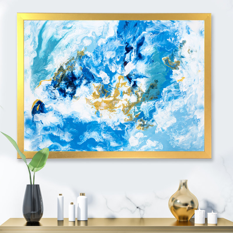«Blue and White Liquide Waves II», peinture sur toile, H 12 po x l 20 po x P 1 po, Cadre doré