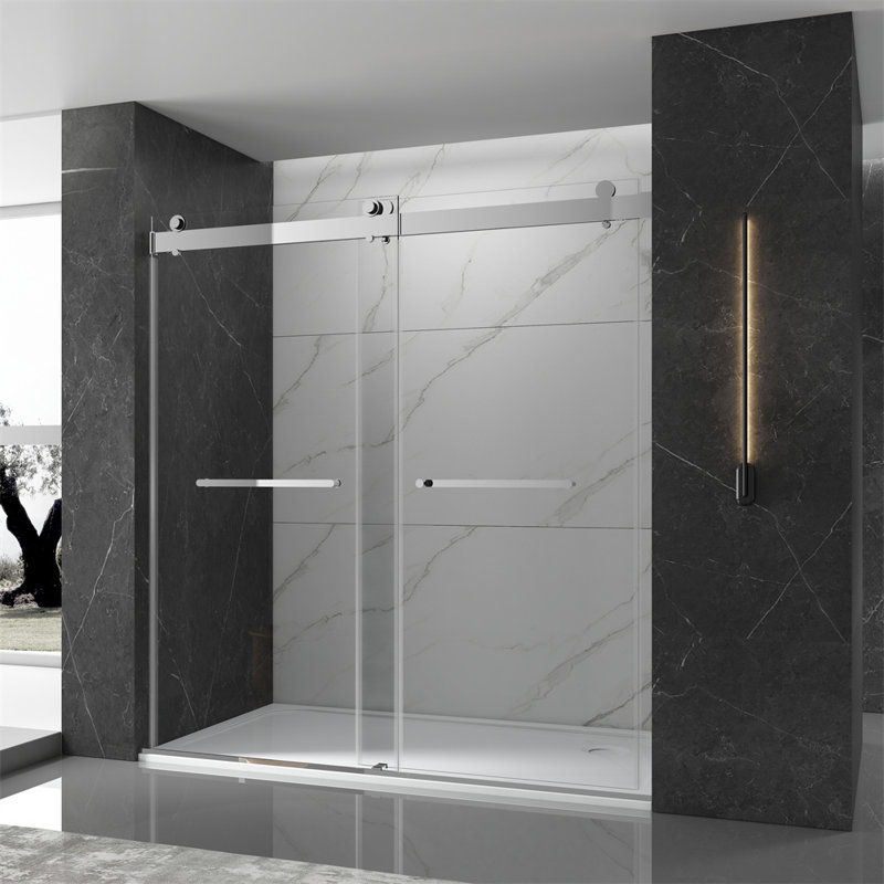 Tempered Glass Double Sliding Framless Shower Door, Chrome, 76"