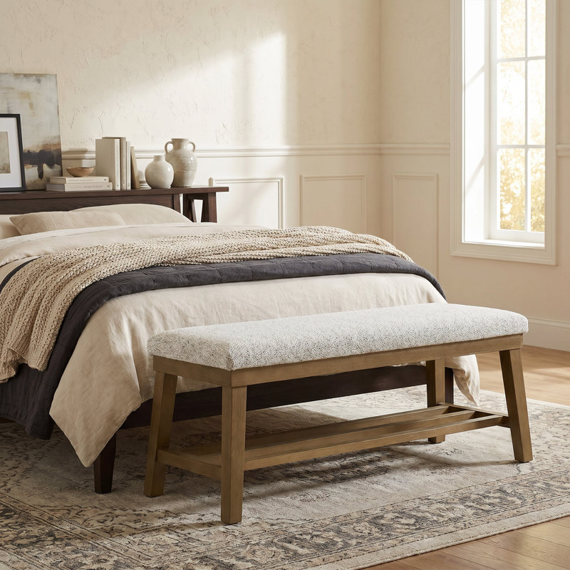 44.4"W Modern Upholstered Wooden Storage Bench with Lower Shelf, Beige