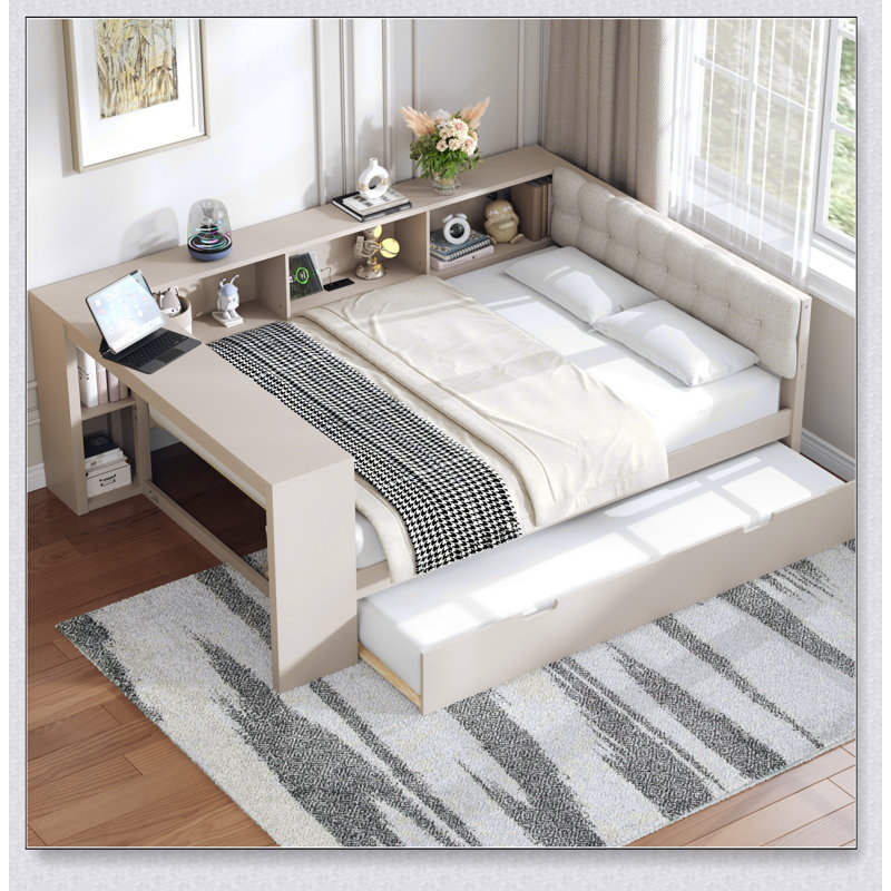 Wood Platform Bed With Storage Shelves, Trundle, Charging Station And Upholstered Headboard, Complet/Double, Crème