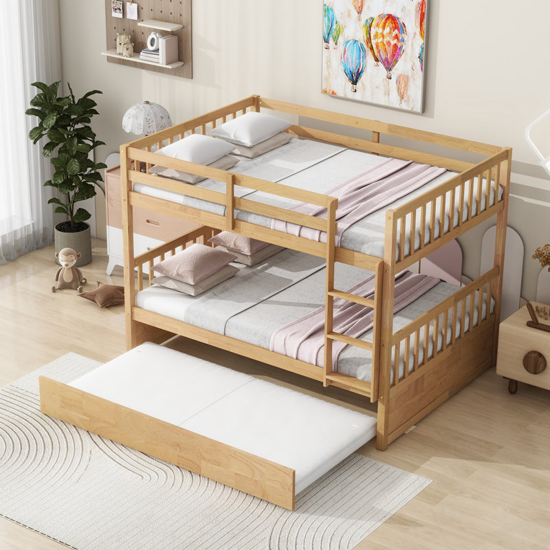 Full Over Full Bunk Bed with Trundle, Ladder and Guardrails, Natural