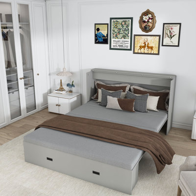Full Murphy Bed With Storage Drawers And Charging Station, Rolling Pull-Out No Spring Box Need Space-Saving Cabinet Bed by Latitude Run