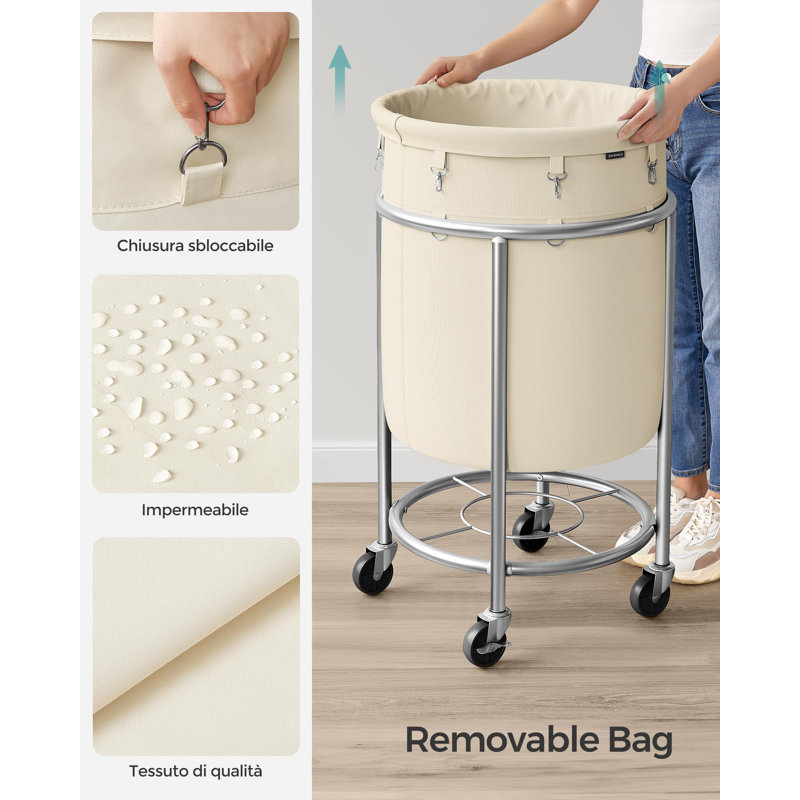 Round Laundry Cart with Steel Frame, Silver/Cream