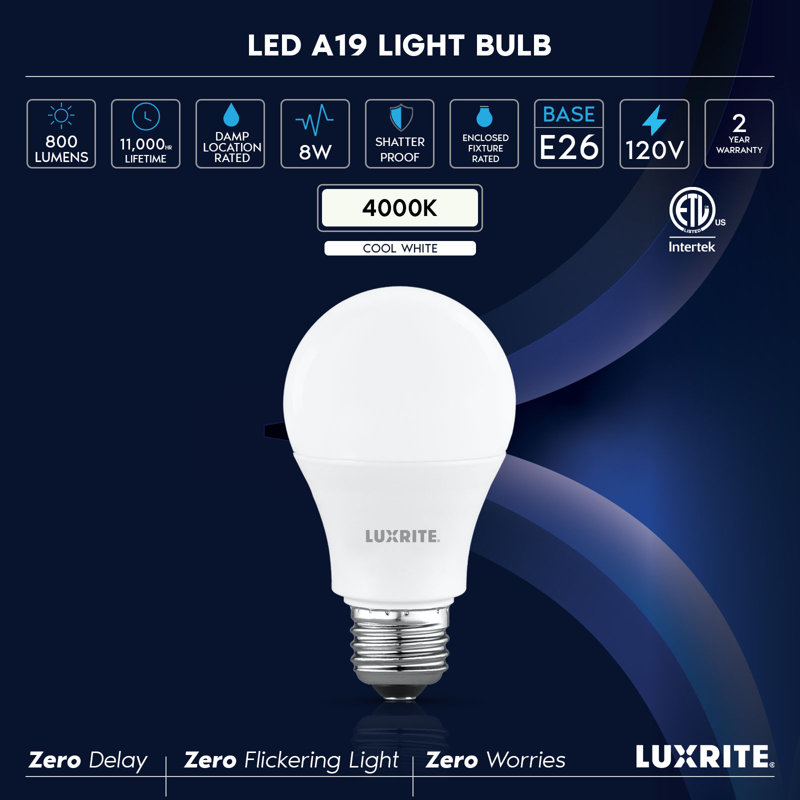 Luxrite A19 LED Light Bulb 8W=60W Non-Dimmable Warm White 800LM, Standard LED Light Bulb, E26, Enclosed Fixture Rated, Damp Rated, ETL 24 Pack