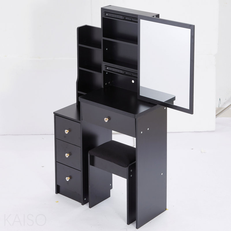 Petite coiffeuse 29,2 po avec tabouret de chevet gauche + tabouret rembourré, très grand miroir coulissant à droite, rangement multi-couches grande capacité, commode pratique et pratique, convient aux petits espaces