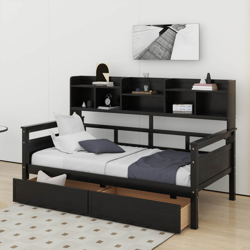 Daybed, Wood Slat Support, With Bedside Shelf And Two Drawers, Twin, Black