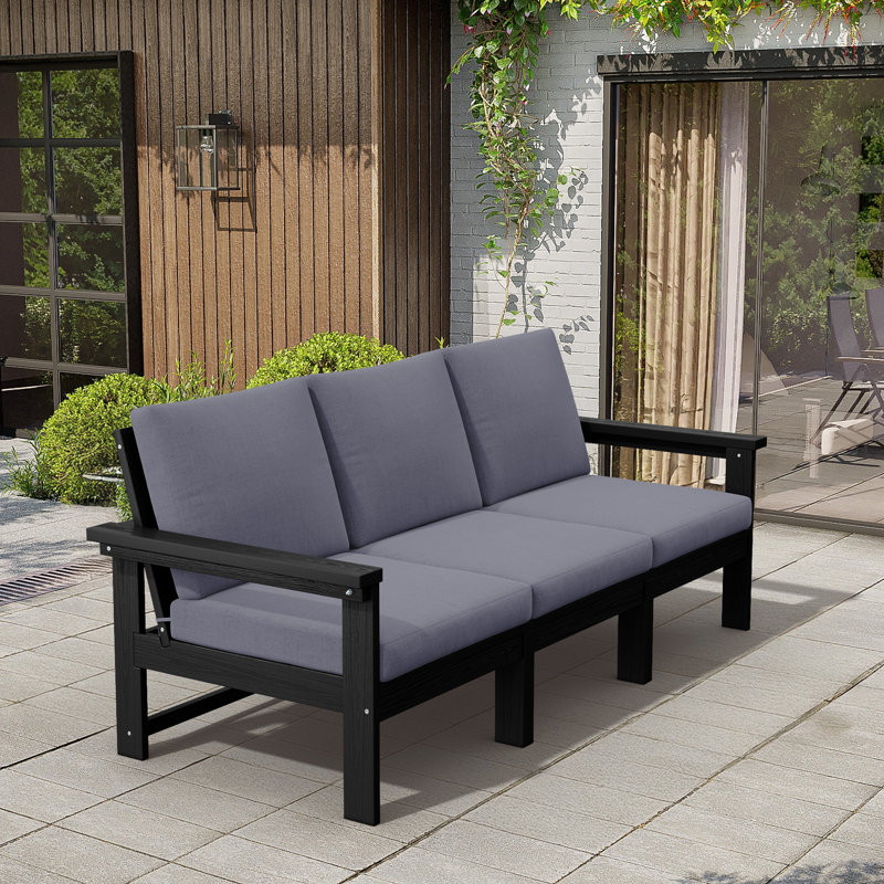 Zolah 3-Person Outdoor HDPE Seating Group with Cushions, Gray, Black
