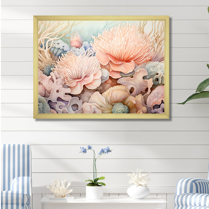 Anémone de mer pastel élégant I, H 34 po x l 44 po x P 1,5 po, Cadre doré simple