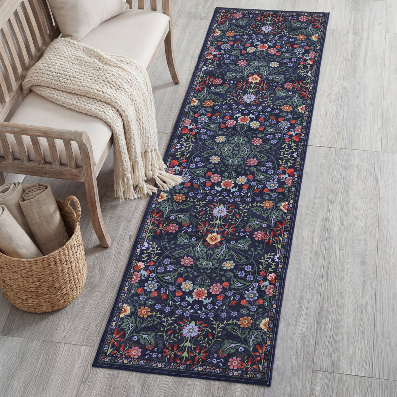 Tapis lavable à la machine Primrose Art Floral, Vert/rose, Tapis de couloir 2 pi x 8 pi