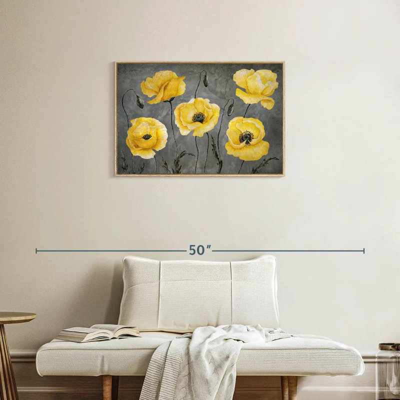 Coquelicots jaunes, Cadre flottant en bois naturel, 31 po x 21 po