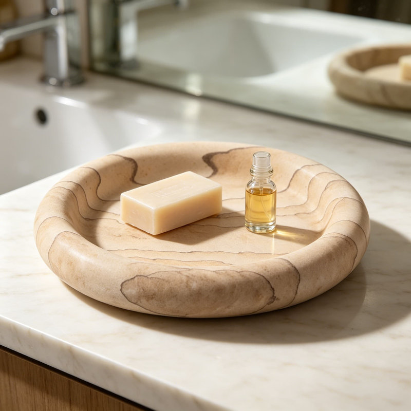 Plateau en marbre de grès naturel, plateau de meuble-lavabo décoratif rond pour comptoir de salle de bain, comptoir de cuisine ou fourre-tout, organisateur de bijoux pour table basse, grès veiné poli à la main