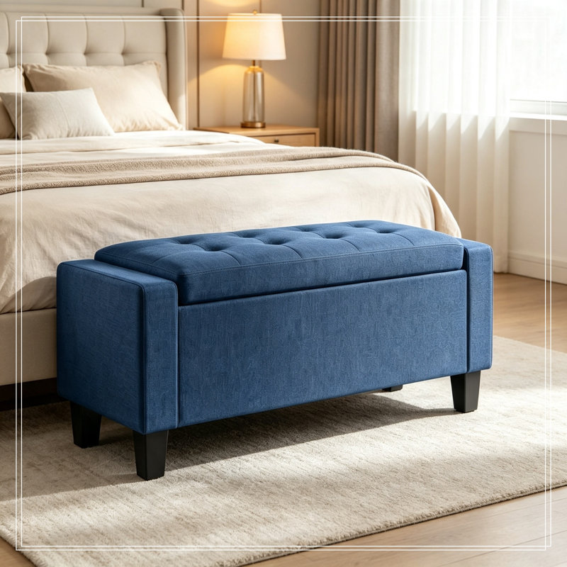Rangement capitonné Lakehurst avec pieds en bois, Bleu