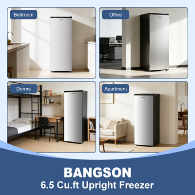 BANGSON 6.5 Cu.ft Upright Freezer, Stand up Freezer with Adjustable Thermostat, Removable Shelves, Reversible Single Door,Silver