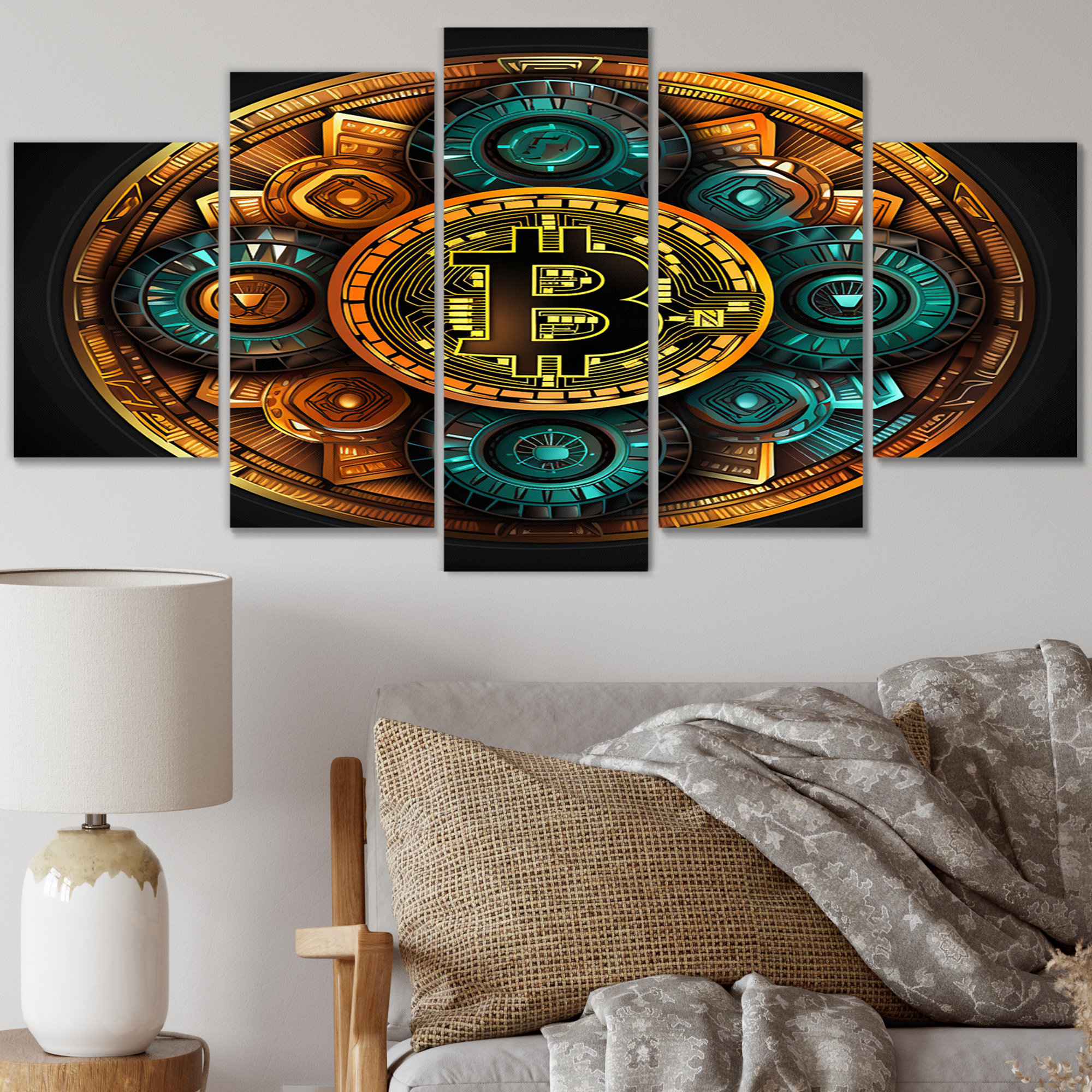 Design Art Bitcoin Crypto Seal I - Modern Geometric Wall Art Living Room -  5 Panels | Wayfair