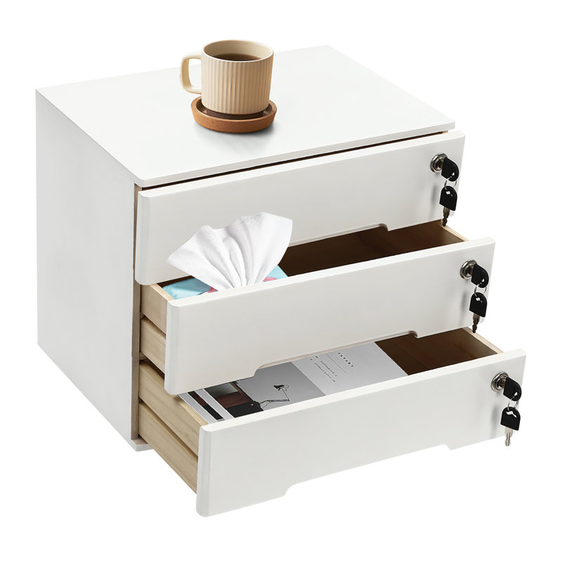 Armoire de rangement en bois 3 niveaux, boîte de rangement de bureau avec tiroirs verrouillables, White