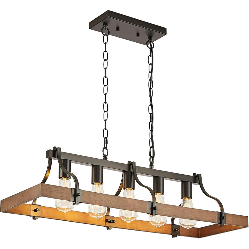 Rustic Farmhouse Chandelier With Wood And Metal Design, 5-Light Linear Ceiling Fixture For Dining Room And Kitchen Island