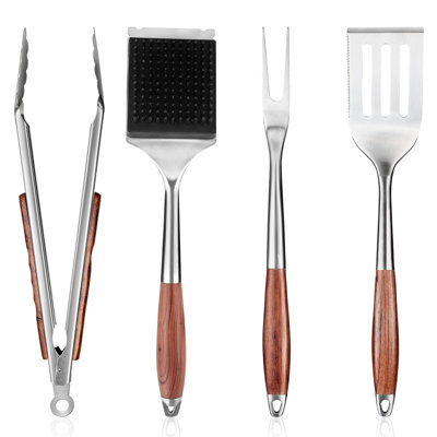 4-Piece Heavy-Duty BBQ Tools Set - Stainless Steel Grill Spatula, Fork, Cleaning Brush & Tongs with Rosewood Handles, Heat Resistant Grilling Utensils for Outdoor Cooking & Camping