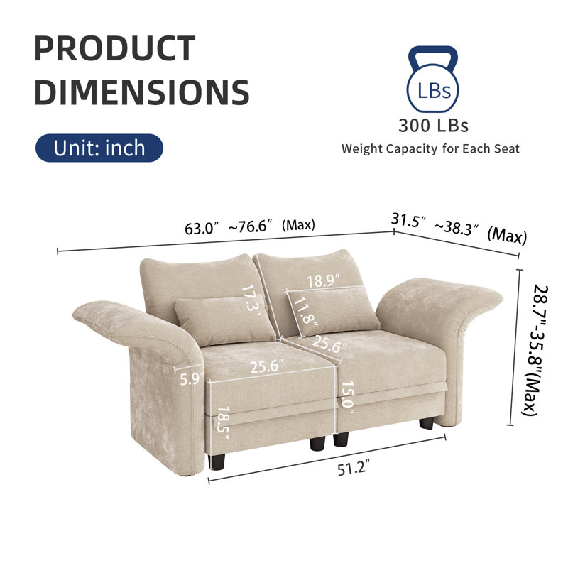 Khadijia Upholstered 63'' Loveseat, Ivory Microfiber/Microsuede