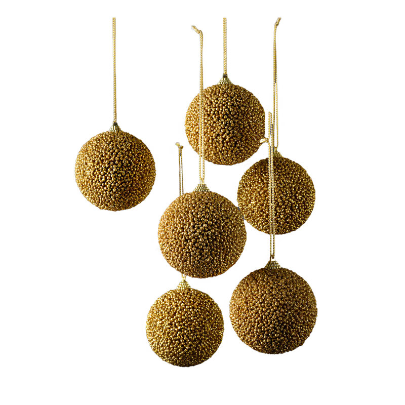  Boules suspendues perlées dorées pour arbre de Noël, table, bourre de couronne, décoration de manteau de cheminée, décoration de fêtes, mariage et toute l'année, diamètre de 3,5 po, paquet de 6