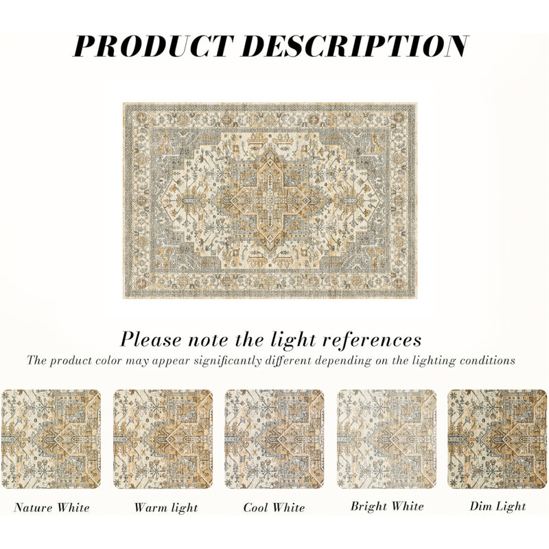 Elaine Machine Washable Oriental Area Rugs With Non-Slip Backing, Rectangle 5' x 7'