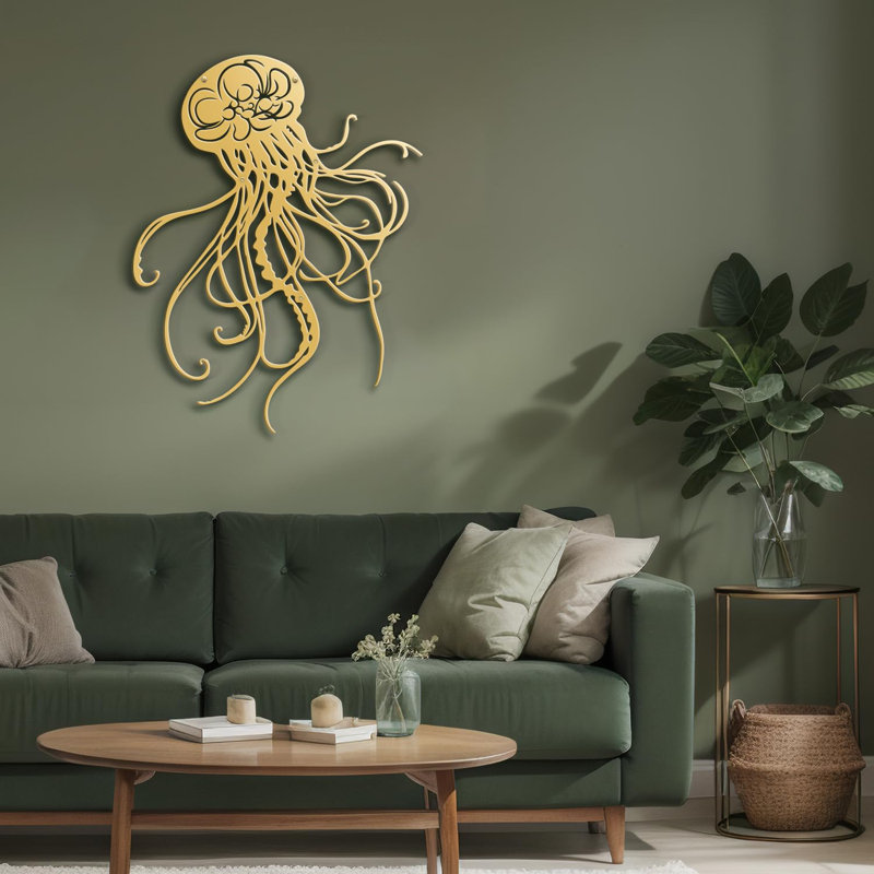 "Jellyfish" - Nautical Animals Iron Sculpture Metal Wall Art Modern Decor, Gold, 18" H x 18" W x 0.05" D