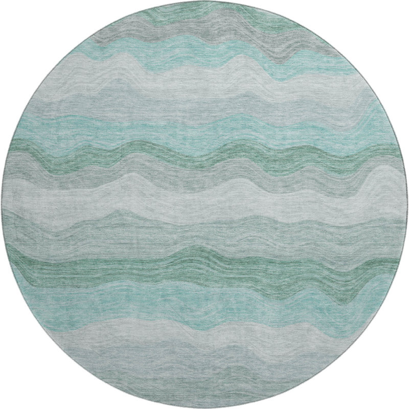 Premium Machine Washable Mayfield AMF2397 Striped Rug, Teal, 8' Round