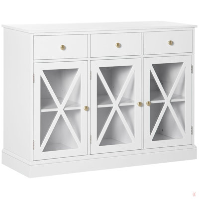 Buffet Farmhouse, crédence, armoire à café avec portes en verre et 3 tiroirs