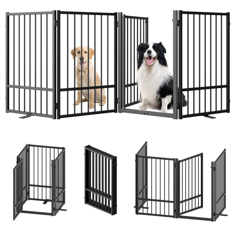 Black Metal Freestanding Dog Gate with Walk-Through Door