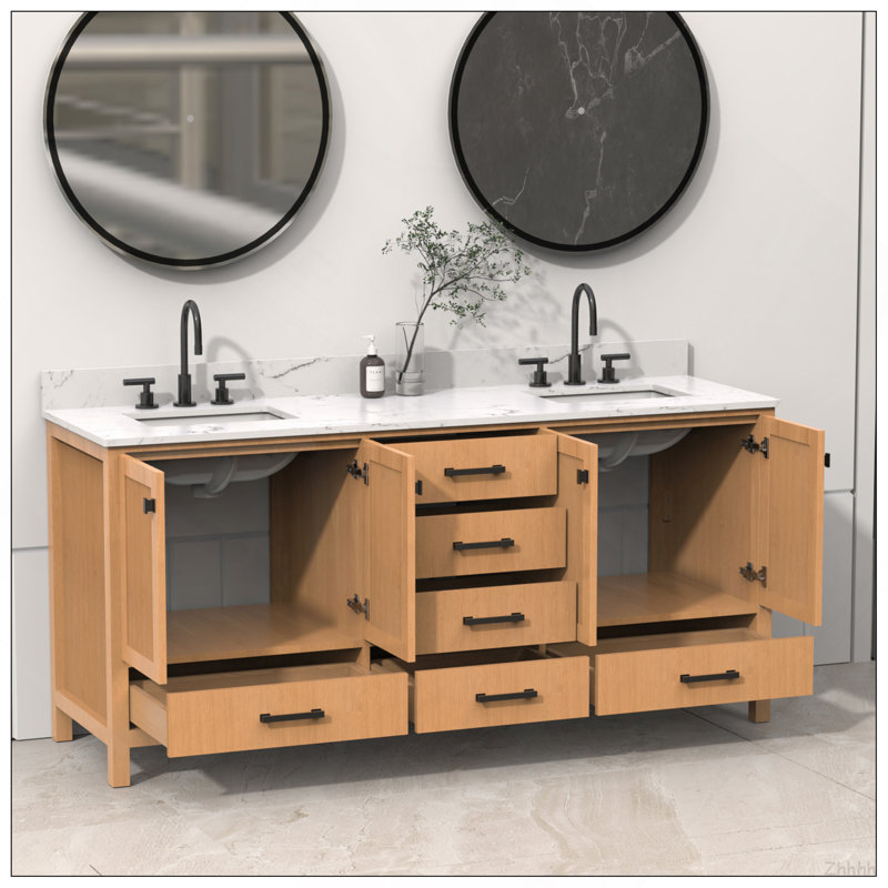 Meuble-lavabo 72 po, meuble-lavabo avec cadre en bois massif, comptoir autoportant avec double cuve en chêne naturel