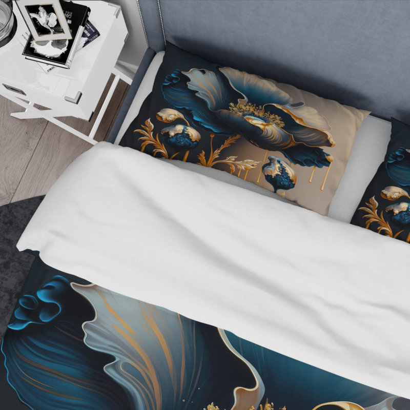 Ensemble de housse de couette en microfibre / polyester bleu foncé et doré, Housse de couette simple + 1 taie décorative stan