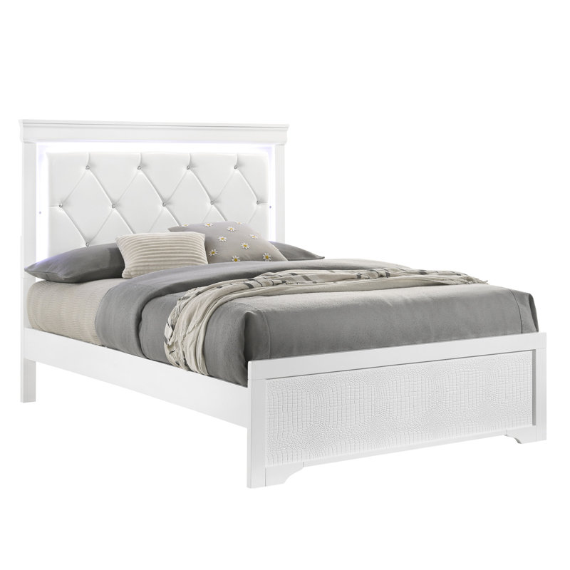 Lit simple moderne avec tête de lit tapissier et ambiance de chambre à coucher blanche en bois robuste, Blanc