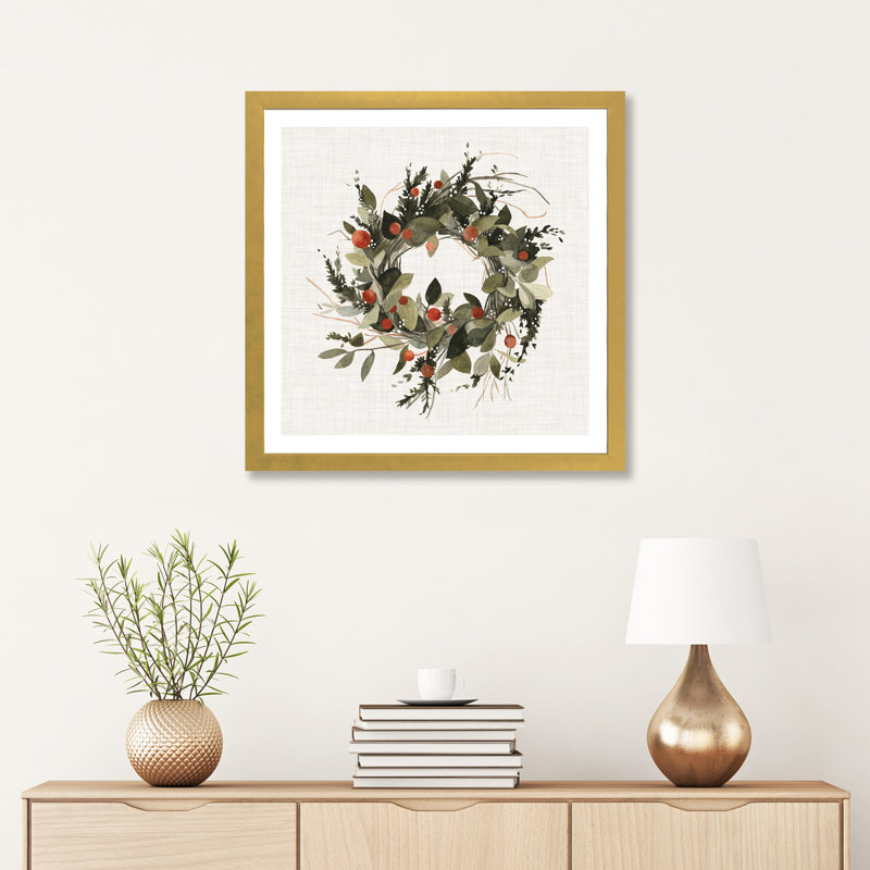 «Farmhouse Wreath II», reproduction d'art, Papier doré, H 16 po x l 16 po x p 1 po