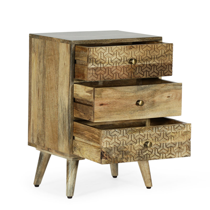 3 tables de chevet en bois de manguier avec des lignes géométriques à la mode, 3 tiroirs et des géométries captivantes