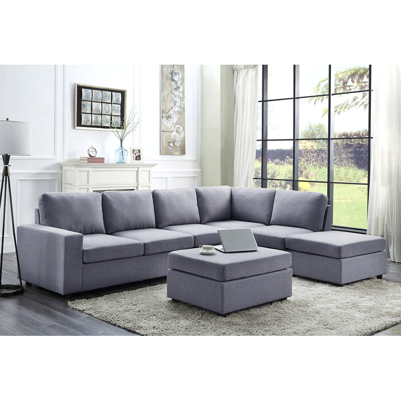 Canapé modulaire réversible en lin gris clair 7 places avec repose-pieds Cassia