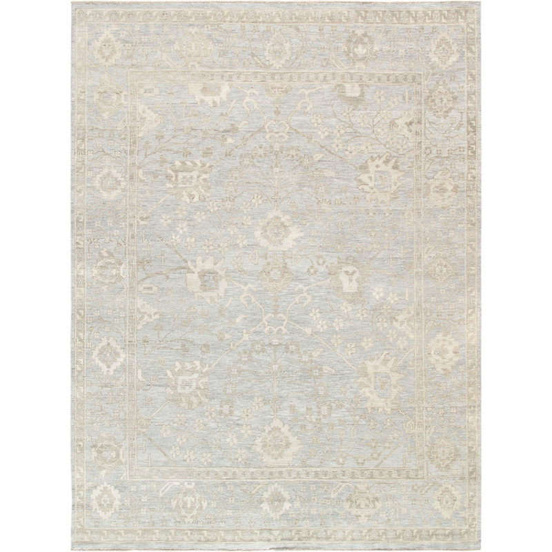 Oushak Hand Knotted Wool Geometric Area Rug in Pale Blue/Ivory/Taupe, Rectangle 12' x 15'