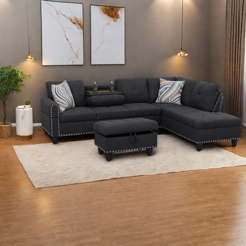 Ensemble de canapé de salon moderne en lin 3 pièces avec repose-pieds, table basse rabattable et porte-gobelets