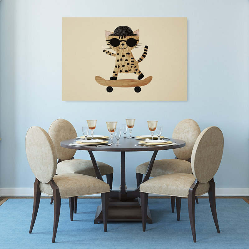 Cool Cat Skater Playful Retro Cat Wall Art Print 1 Piece Wrapped Canvas Wall Art, 81.28cm H x 121.92cm W