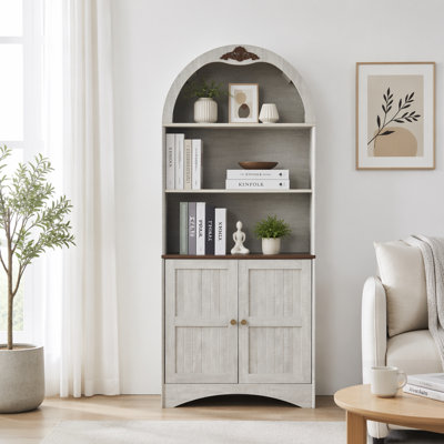 Arched Storage Cabinet with Decorative Applique, MDF Anti-Scratch Surface, Adjustable Shelves, and Anti-Tip Strap for Dining and Living Rooms