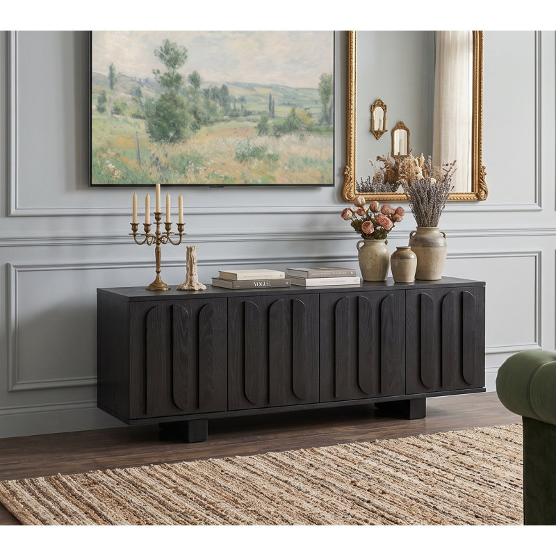 63" Modern American Media Console with 4 Doors, TV Stand with Concealed Storage for TVS up to 75", Black