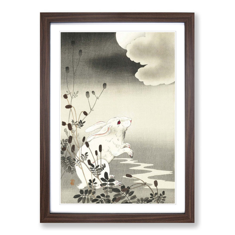 Rabbit at Full Moon by Ohara Koson - Picture Frame Painting Print on MDF, Walnut Framed, 36cm H x 27cm W x 2cm D