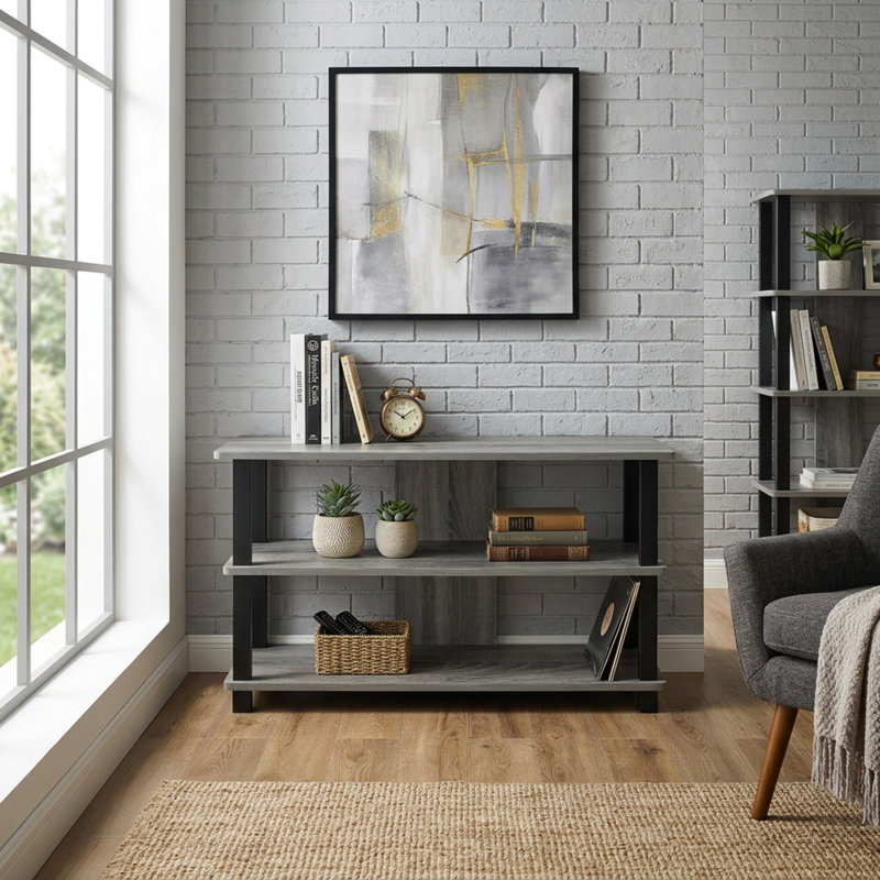 Meuble télé en bois de chêne français gris et noir convenant aux téléviseurs de 40 po ou moins avec tablette inférieure ouverte