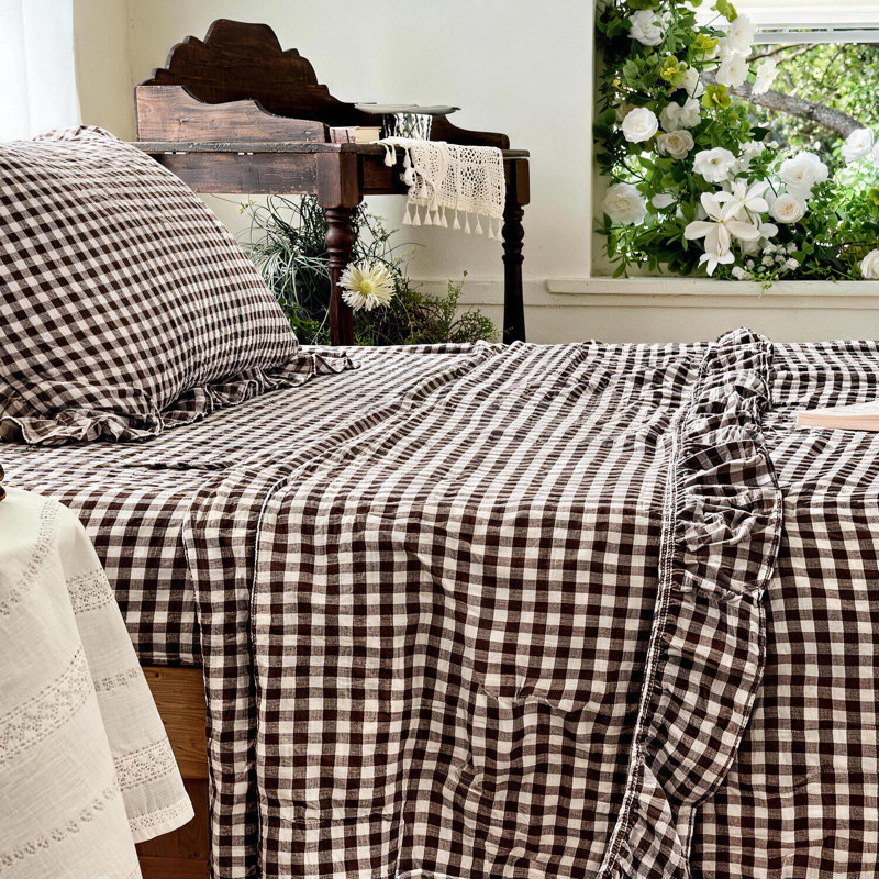 Ensemble de draps Gingham Ruffle, Grand lit, Guingan moka