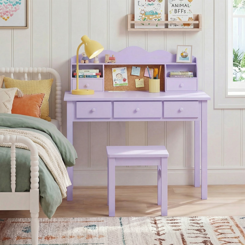 Bureau d'écriture 36,2 "en bois massif avec 3 prises de courant, Mauve