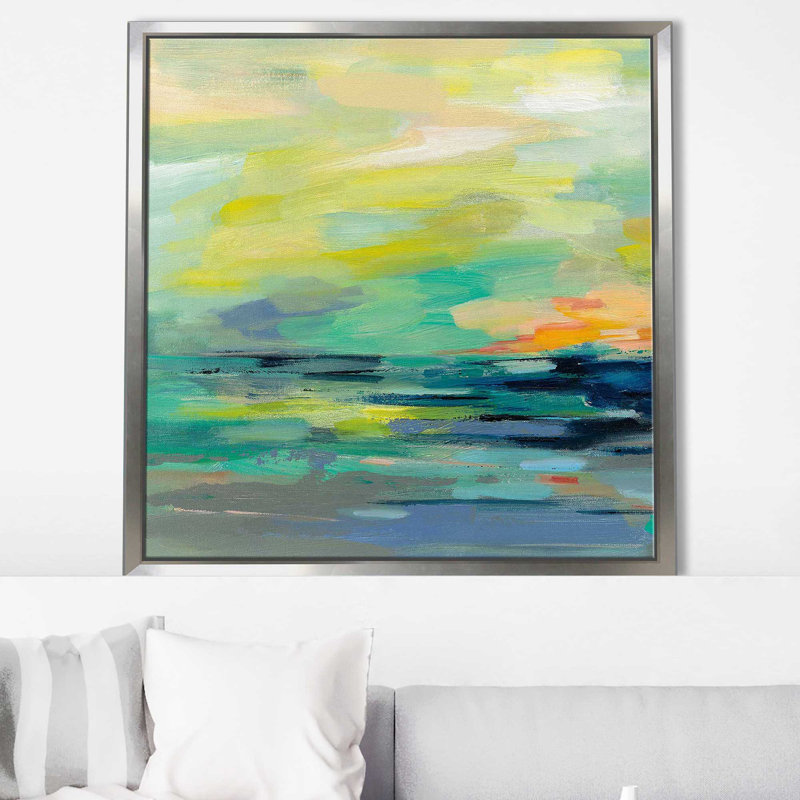 Pacific Beach I - peinture, Cadre flottant argent, H 27,5 po x l 27,5 po x P 2 po